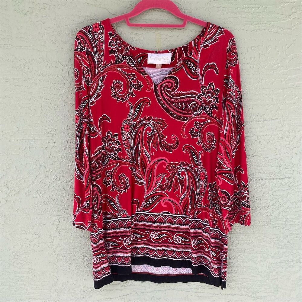 Pappagallo Women's L Red Paisley 3/4 Sleeve Blouse Casual Top
